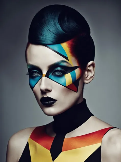 fashion photography of a person with crazy geometric makeup , by Jane Régny , photo by Josephine Cardin<lora:Innovative_Makeup:1>