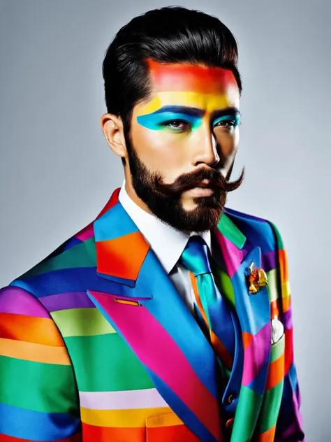 fashion photography, a man with a beard wearing a colorful suit and tie , innovative makeup , by Cliff Fong , photo by Dimitris Lambridis<lora:Innovative_Makeup:1>