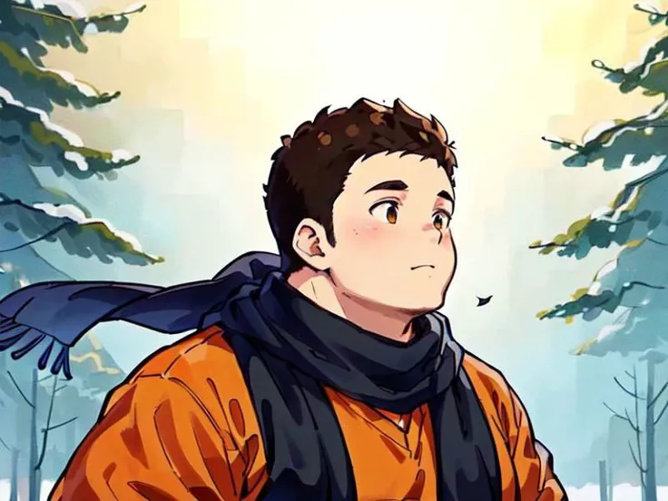 ((1man)),bara,(chubby,stocky),orange sweater,long woolen scarf fluttering,wind,winter,aesthetic,memory,( outdoor,grove),upperbody,profile view,head up 45 deg,best face,best quality,very short hair portrait,8k wallpaper,<lora:TRAIN_1695219997692547074.safetensors:0.4><lora:TRAIN_1694748089900097537.safetensors:0.2><lora:TRAIN_1659586819432992770.safetensors:0.3>