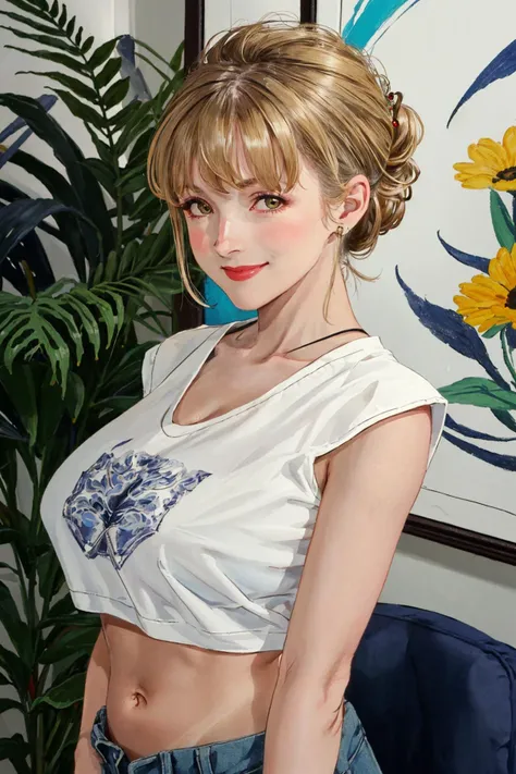 masterpiece,
(portrait:1.3) of danniashe, upper body, solo, blonde hair, updo haircut, realistic, (casual clothes:1.2), large breasts, plant, navel, indoors, standing, (precise tanlines:1.2), looking at viewer, smile,
(natural lighting:0.5), Nikon D850, sharp colors, ISO3200, EF 70mm, CINESTILL, intricate details
<lora:danniashe-#r.768,768#d.256#a.256#l.1#u.1#t.1#s.cosine#e.-000005-36075s-rs0128:0.55>