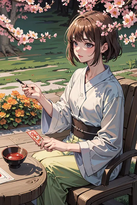(((masterpiece))),(((best quality))),((ultra-detailed)),(illustration), 4k, simple, higres, simle background, extremely_detalled_wallpapper, medium shoot,
tarot,
flower field, sakura tree,
flower field, sakura tree, grass,