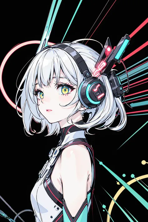 neon line artwork, line art, 1girl, black background,  shining lines, pure lines,  (concept art, electric current, circle shape, white color,high saturation:1.4), (thich outline:1.2), [((flat color),(colorful splashes),(big spots),surrounded by shining electric current,)::5],
[:((flat color),colorful, surrounding Mechanical circle splashes,dot,):0.3]