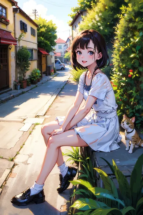 best quality, high resolution, distinct image, (many (detailed) little cats) and one lady:1.3), focus on cat, little (detailed) cats around girl,background is back alley, detasiled sunlight, sitting, girl looking viewer, front view, (cats looking viewer:1.2), (happy:1.3) , (kitten),she is standing