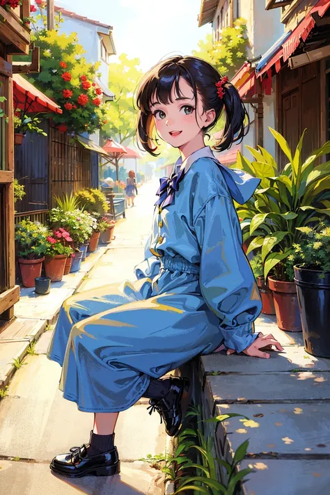 best quality, high resolution, distinct image, (many (detailed) little cats) and one lady:1.3), focus on cat, little (detailed) cats around girl,background is back alley, detasiled sunlight, sitting, girl looking viewer, front view, (cats looking viewer:1.2), (happy:1.3) , (kitten),she is standing
