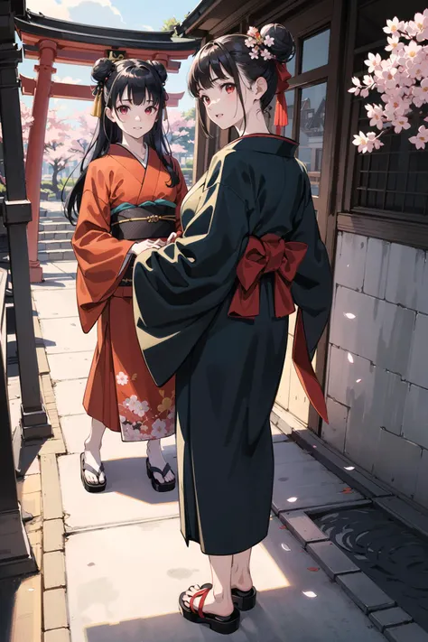 ((masterpiece,best quality)), (photorealistic:1.3), detailed, shading, lighting, texture, intricate detail, 2girls, black kimono, black legwear, black ribbon, black hair, cherry blossoms, day, flower, hair bun, hair ribbon, japanese clothes, kimono, long hair, looking at viewer, looking back, multiple girls, obi, outdoors, red eyes, red hair, ribbon, sandals, single hair bun, stairs, standing, statue, torii, tree, white kimono, yellow eyes