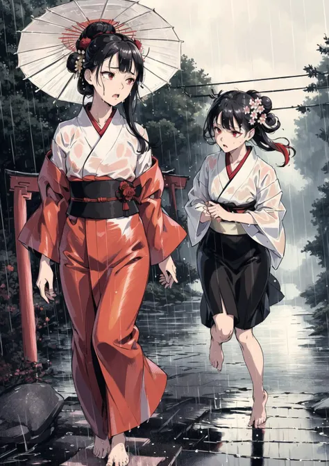 ((masterpiece,best quality)), (photorealistic:1.3), detailed, shading, lighting, texture, intricate detail, 2girls, black kimono, black legwear, black ribbon, black hair, cherry blossoms, day, flower, hair bun, hair ribbon, japanese clothes, kimono, long hair, multiple girls, outdoors, red eyes, red hair, ribbon, single hair bun, stairs, statue, torii, tree, white kimono, yellow eyes, (rain:1.3), (wind:1.2), (storm:1.1), (dynamic:1.1), (running:1.1), (motion:1.1), (scared:1.1), (wet:1.2), soaking feet, feet, no shoes, sobbing, crying, unhappy, cold,