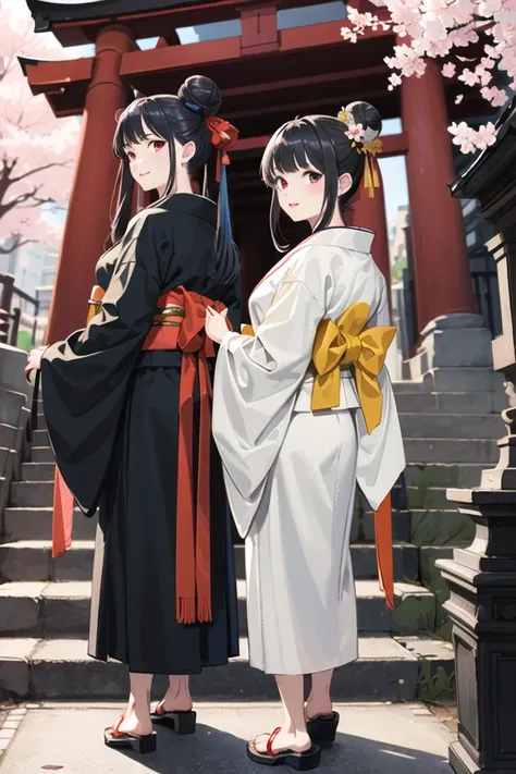 ((masterpiece,best quality)), (photorealistic:1.2), detailed, intricate detail,  2girls, black kimono, black legwear, black ribbon, black hair, cherry blossoms, day, flower, hair bun, hair ribbon, japanese clothes, kimono, long hair, looking at viewer, looking back, multiple girls, obi, outdoors, red eyes, red hair, ribbon, sandals, single hair bun, stairs, standing, statue, torii, tree, white kimono, yellow eyes
