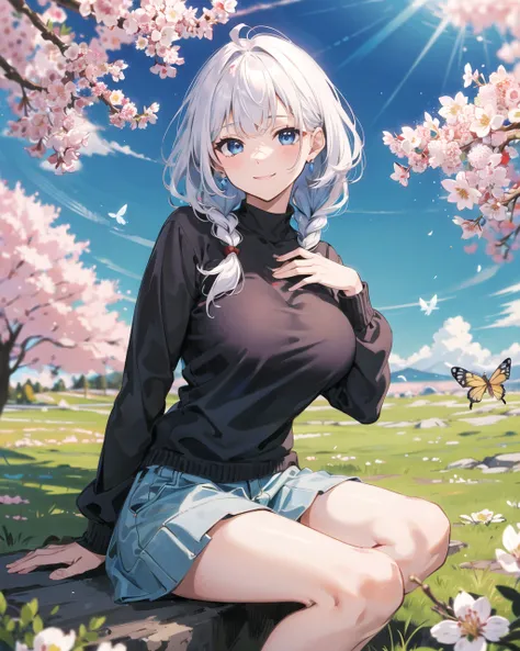 ((masterpiece,best quality,detailed)), 4k,8k,higres, 1girl, solo, <lora:majoNoTabitabiElaina_v20:0.8>, elaina, majo no tabitabi, white hair, ahoge, long hair, braid, blue eyes, shirt, sweater, sitting, slight smile, mature, extremely detailed, beautiful detailed girl, large breasts, slight smile, camp, cherry blossoms, sunlight dapple, sparkle, butterfly, grass