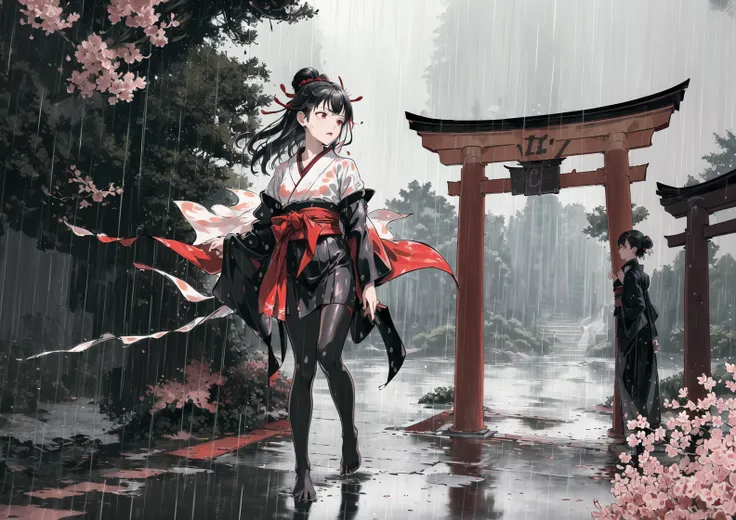 ((masterpiece,best quality)), (photorealistic:1.3), detailed, shading, lighting, texture, intricate detail, 2girls, black kimono, black legwear, black ribbon, black hair, cherry blossoms, day, flower, hair bun, hair ribbon, japanese clothes, kimono, long hair, multiple girls, outdoors, red eyes, red hair, ribbon, single hair bun, stairs, statue, torii, tree, white kimono, yellow eyes, (rain:1.3), (wind:1.2), (storm:1.1), (dynamic:1.2), (running:1.2), (motion:1.2), (scared:1.2), (wet:1.2), soaking feet, feet, no shoes, sobbing, crying, unhappy, cold,