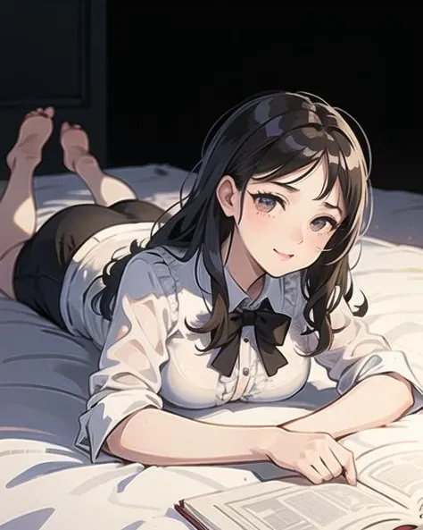 (masterpiece,  ultra-detailed, illustration, best quality:1.2),(1girl, young women,Lying face down on the bed with buttocks raised, Loose wavy hair, blouse, Pencil skirt),Expression of enjoyment,Blissful expression, Outgoing, Gape,Mouth opens,Face the audience,Look at the audience,Direct one's gaze to the audience, baring top,Revealing top