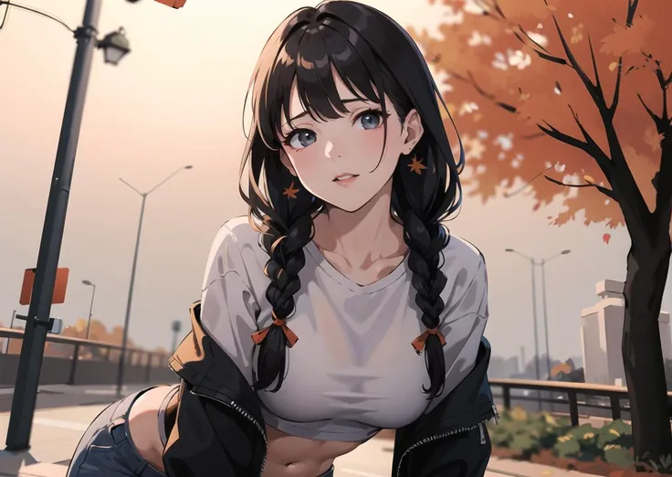 (masterpiece, best quality:1.2),
young girl,
physically based rendering (pbr),
drama,
orange,
grey,
tri braids,
autumn,
midriff sarashi,
close up,
leaning forward,