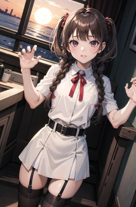 (masterpiece, best quality:1.2),1girl,
little girl,
bitmap,
action,
dark brown,
ruby,
low twin braids,
sunset,
stockings,
dutch angle,
claw pose,
