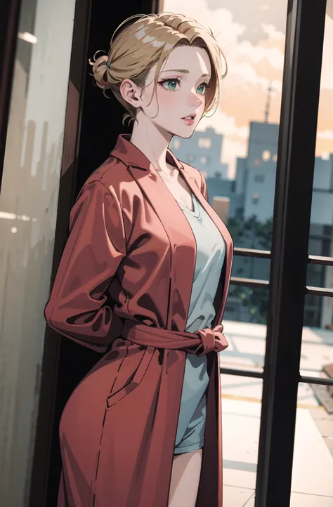 (masterpiece, best quality:1.2),1girl,
middle-aged woman,
skybox,
historical,
dark blonde,
green,
undercut,
wrestling ring,
bathrobe,
dutch angle,
arms behind back,