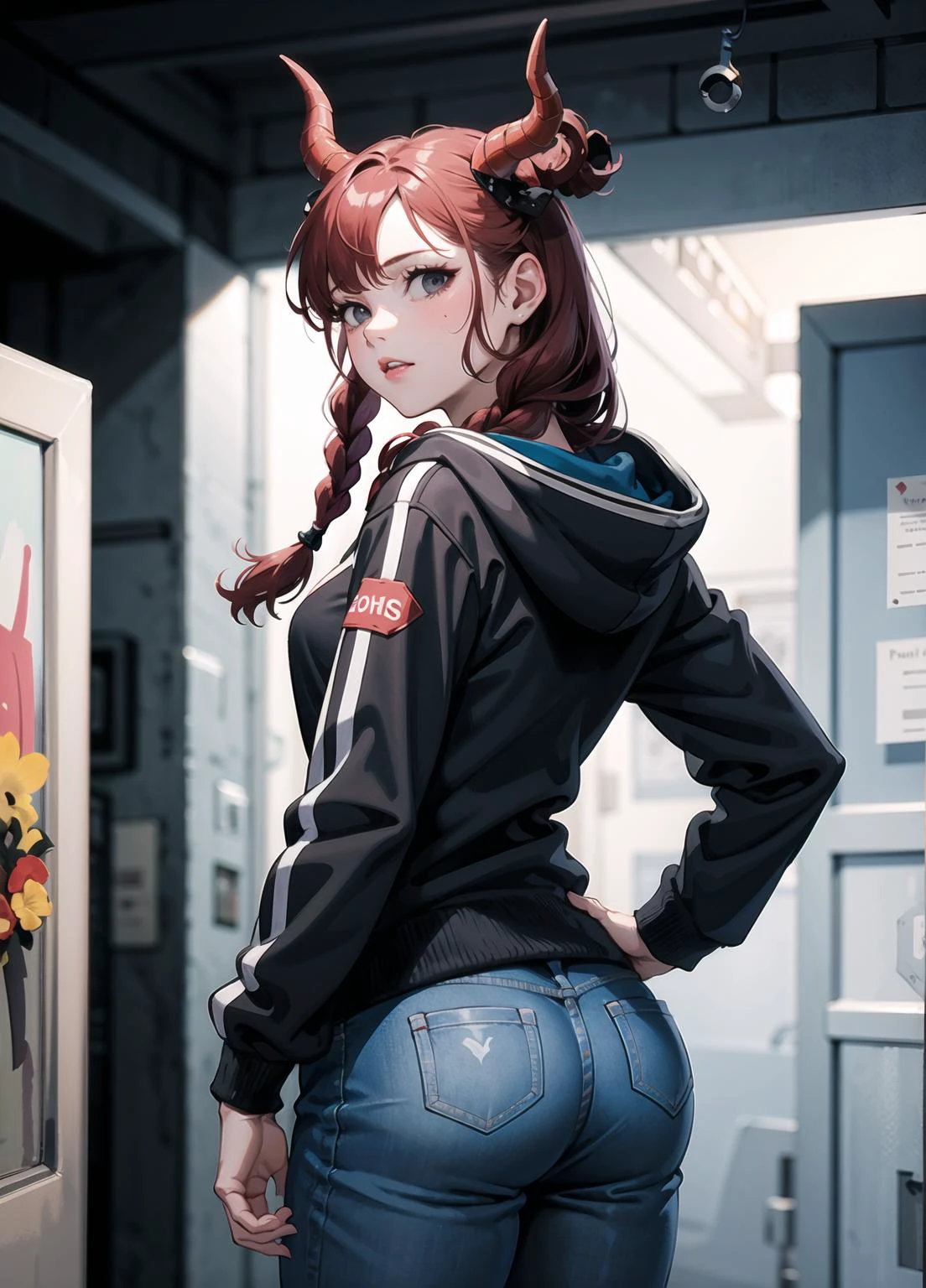 (masterpiece, best quality:1.2),1girl,
young woman,
manhattan distance,
thriller,
green,
coral,
low twin braids,
winter,
hoodie,
from behind,
hands up, character concept art, costume design, black eyes, white horns, trending on artstation, Artgerm, WLOP