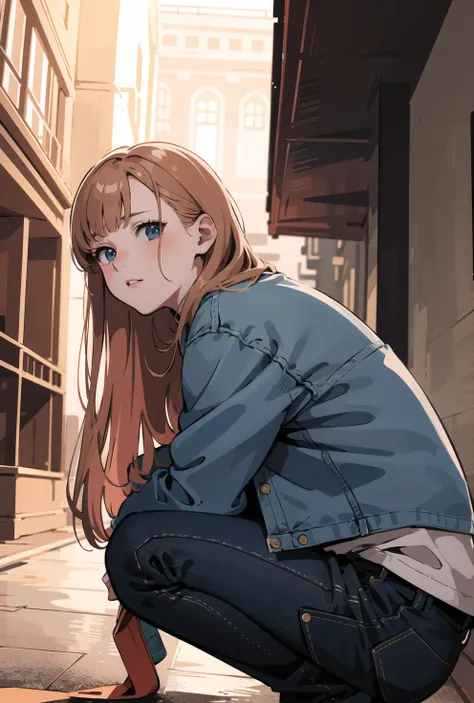(masterpiece, best quality, ultra-detailed, illustration), 1girl
strawberry blonde,
hair down,
infernal palace,
denim jacket,
from below,
squatting,
(cinematic lightings)