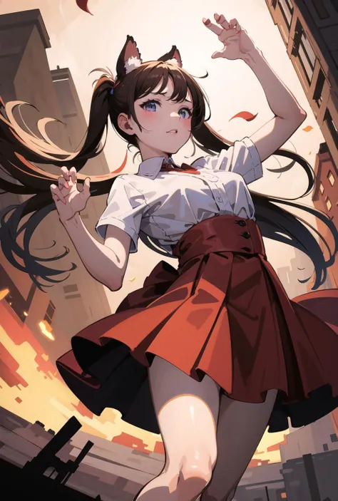 (masterpiece, best quality, ultra-detailed, illustration), 1girl
brown,
quad tails,
fall,
high-low skirt,
dutch angle,
claw pose,
(cinematic lightings)