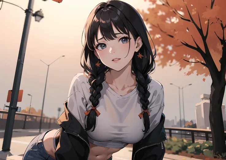 (masterpiece, best quality:1.2),
young girl,
physically based rendering (pbr),
drama,
orange,
grey,
tri braids,
autumn,
midriff sarashi,
close up,
leaning forward,