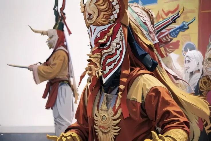 red gold mask,mask,big mask, best quality, highly detailed, ultra-detailed, masterpiece, 8k wallpaper, bad anatomy, white background, long big nose,white background(masterpiece, best quality, ultra detailed, highres, super fine illustration, 8k, dance,absurdres:1.2), lora:urbansamurai_v0.3:1, solo warrior ,swords,cyber_punk<lora:peeta2:1>