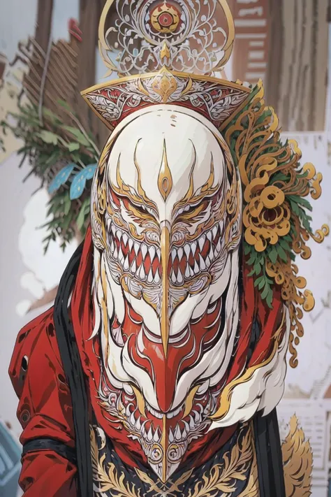 ,red gold mask,mask,big mask, best quality, highly detailed, ultra-detailed, full body,masterpiece, 8k wallpaper, bad anatomy, poster ,white background, long big nose,white background(masterpiece, best quality, ultra detailed, highres, super fine illustration, 8k,poster moviece,absurdres:1.2), lora:urbansamurai_v0.3:1, solo warrior ,swords,star war,golden clothes ,8k<lora:peeta:1>