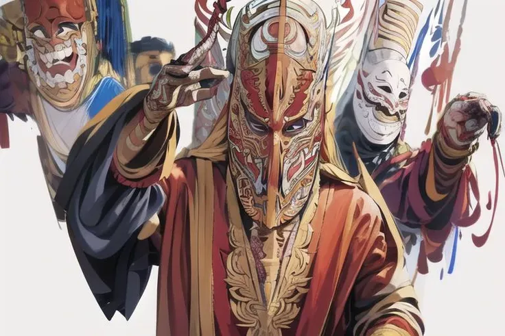 red gold mask,mask,big mask, best quality, highly detailed, ultra-detailed, masterpiece, 8k wallpaper, bad anatomy, white background, long big nose,white background(masterpiece, best quality, ultra detailed, highres, super fine illustration, 8k, dance,absurdres:1.2), lora:urbansamurai_v0.3:1, solo warrior <lora:peeta2:1>