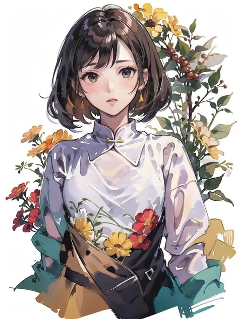 ANIME,WATERCOLOR,CHINESE,PAINTINGS,ARTSTYLE,(white background:1.4), original,(illustration:1.1),(best quality),(masterpiece:1.1), (colorful:0.9),(medium shot:1.4),upper body, clear sharp focus,indoors, looking at viewer,a young woman in a red dress,((beautiful)), pretty face,brown hair,black eyes ,INPAINTING , <lora:try2:0.6>