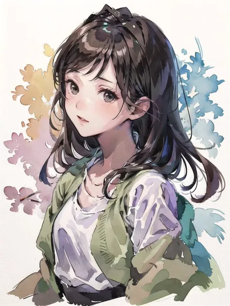 ANIME,WATERCOLOR,CHINESE,PAINTINGS,ARTSTYLE,(white background:1.4), original,(illustration:1.1),(best quality),(masterpiece:1.1), (colorful:0.9),(medium shot:1.4),upper body, clear sharp focus,indoors, looking at viewer,a young woman in a red dress,((beautiful)), pretty face,brown hair,black eyes ,INPAINTING , <lora:try2:0.7>