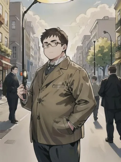 ((a male detective leaning against a lamp pole with a magnifier in hand)),(1man),bara,(chubby:1),(stocky),(private detective),((sherlock holmes)),(((magnifier in hand))),(brown jacket),street,embracing elbow,((side shot)),investigation,(neat),mature,confident look,justice,best face,cool,cute,male focus,best quality,hi res,wide shot ,T2505<lora:TRAIN_1659586819432992770.safetensors:0.2><lora:TRAIN_1680954186795233281.safetensors:0.2><lora:TRAIN_1681894498539622401.safetensors:0.4>
