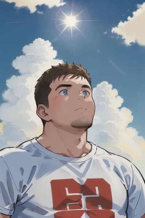 T2505, (1man),(bara),stocky,((a man looking up to the sky)),(clear blue sky),cloud,t-shirt <lora:TRAIN_1659586819432992770.safetensors:0.2><lora:TRAIN_1694748089900097537.safetensors:0.2><lora:TRAIN_1707251168464920577.safetensors:0.3>