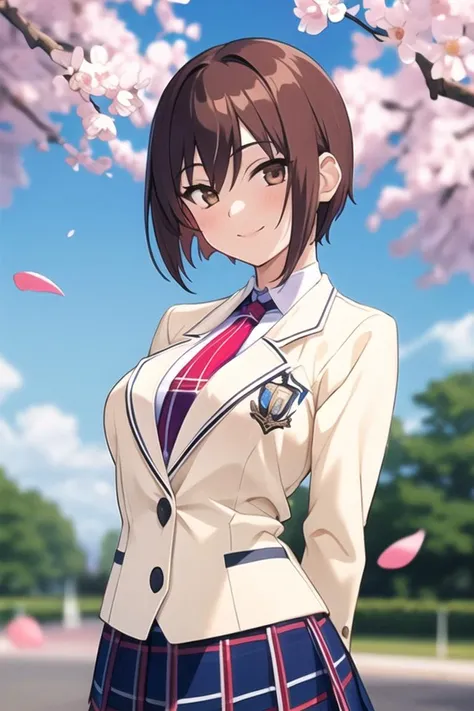 1girl,makaidjisc2,large breasts,brown hair, brown eyes, school uniform, blazer, long sleeves, necktie, plaid skirt.arms behind back, smile,look at viewer,park,spring,falling petal,very aesthetic <lora:makaidji:0.8:lbw=sd>