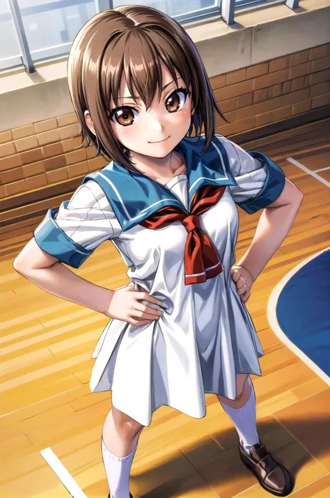 (masterpiece, best quality, detailed), 1girl, solo, looking at viewer, makaidjisc1, brown hair, brown eyes, sailor dress, short sleeves, neckerchief, white socks, loafers, brown footwear, smug, smile, closed mouth, <lora:school_gym_v0.1:1>, school gym, hands on hips, from above, fisheye