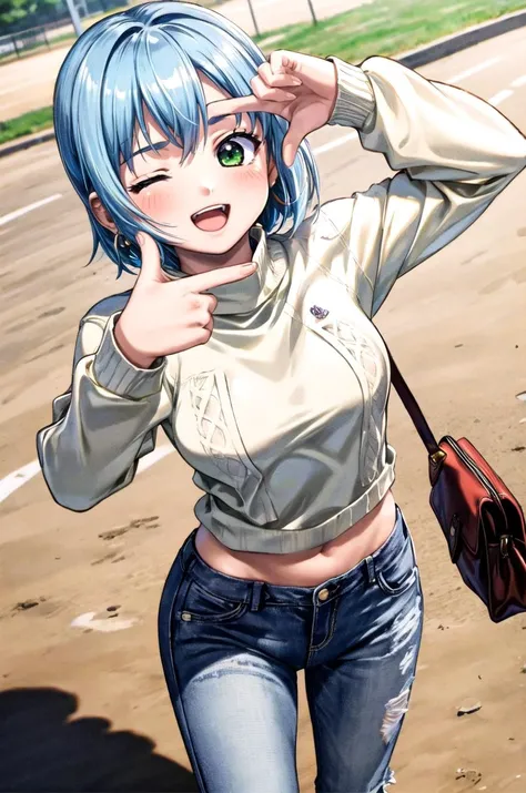 (masterpiece, best quality, detailed), 1girl, solo, looking at viewer, makaidji, blue hair, green eyes,
turtleneck sweater, earrings, midriff, groin, casual, handbag, round eyewear, jeans, <lora:school_yard_v0.1:1>, school yard, field, <lora:finger_frame_final:1>, finger frame, smile, open mouth, one eye closed