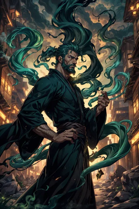 (danish man), ven0mancer, venom smoke, dynamic pose, wizard robe, (40 years old), beard, outdoors, from side, swirling green smoke,, (best quality), (masterpiece), (highly detailed), cinematic, (detailed background), depth of field, intricate details, 8k, bara, photo of a handsome man,