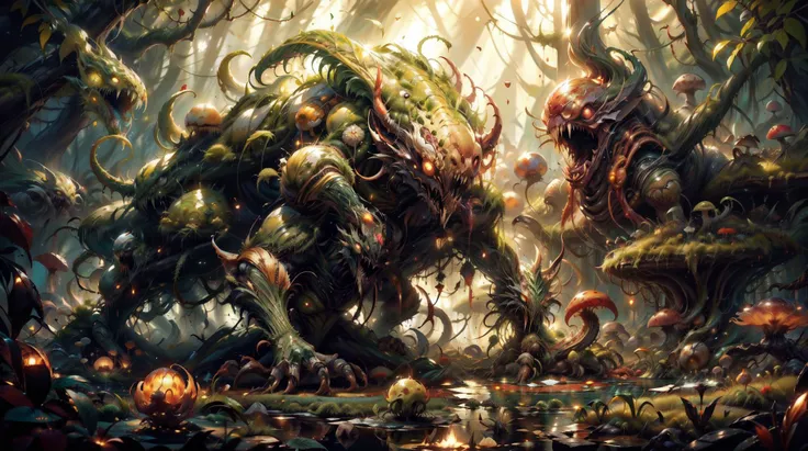 (masterpiece, best quality, fullscreen), [(full body:0.1)::0.1] (photo of a giant vegetal [magical being:vegetal creature:0.4] Fibrous-rooted in a lush forest:1.5), (Retro Geometric body with Crustacean head and with several Furry Appendages:1), (Waxy vegetal skin:1.4), (two Carmine Corymb flowers on the head:1.3), (Golden Hour lighting:1.2), <lora:EFFECT Concept - Thornmancer:0.15> thornmancer ,(THORN), VINES, PLANTS, <lora:EFFECT Concept - Venomancer:0.15> ven0mancer, GREEN LIQUID, VENOM LIQUID, VENOM SMOKE, VENOM ORB, VENOM PUDDLE, <lora:MONSTER kUglyCreaturesV2:0.6> U61yCre4ture, <lora:EFFECT ral-mushroomz-sd15:0.85> mushroomz, <lora:LIGHT epi_noiseoffset2:0.3>, <lora:QUALITY add_detail:0.5>, (Full body Shot, Shallow Focus Shot, Low Angle Shot:[1.2:0.5:0.1]), heavily detailed, (asymmetric composition:1.6), (sharp focus), <lora:EFFECT Magic card fakemtg_label:0> fakemtg, extremely detailed, artstation, award winning photorealistic trending