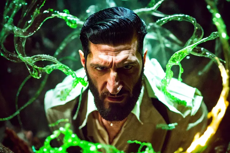 (Fares Fares:1.2) a man with a (slicked-back hair:1.4) wearing a black vest (and long sleeved white shirt:1.25), inside a dark cave, (full:1.2) (long:0.5) (squarish:1.2) big (beard:1.2), devilish (confident looking down:1.2), (a ven0mancer, venom liquid, swirling green liquid:1.1) is around his body, 4k uhd, dslr, soft light, high quality, Fujifilm XT3 <lora:Fares_FaresSD15:0.85> <lora:weight_slider_v2:-0.5> <lora:detail_slider_v4:0.92> <lora:Concept - Venomancer:0.35> <lora:muscle_slider_v1:-0.8>