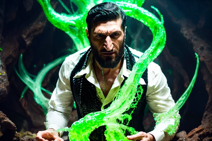 (Fares Fares:1.2) a man with a (slicked-back hair:1.4) wearing a black vest (and long sleeved white shirt:1.25), inside a dark cave, (full:1.2) (long:0.5) (squarish:1.2) big (beard:1.2), devilish (confident looking down:1.2), (a ven0mancer, venom liquid, swirling green liquid:1.1) is around his body, 4k uhd, dslr, soft light, high quality, Fujifilm XT3 <lora:Fares_FaresSD15:0.85> <lora:weight_slider_v2:-0.5> <lora:detail_slider_v4:0.92> <lora:Concept - Venomancer:0.35> <lora:muscle_slider_v1:-0.8>
