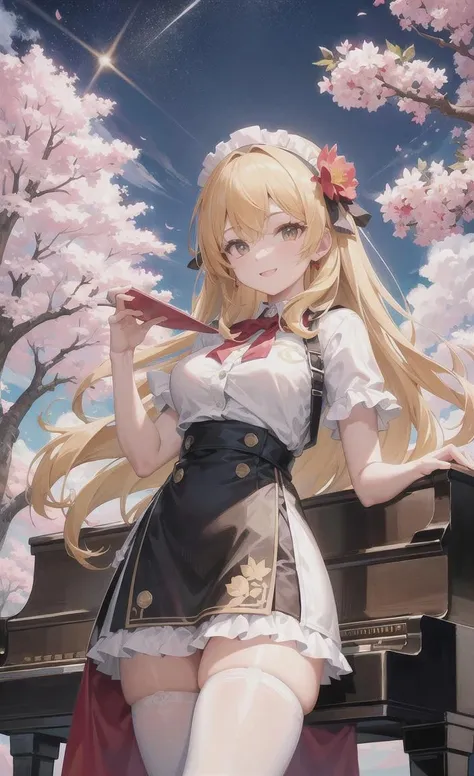 8k,((masterpiece,ultra-detailed, intricate details, mid quality,illustration)),1girl, solo, highres, looking at viewer, brlack hair, long hair, Waves roll, smiling, wearing t-shirt, wearing long White stockings,wearing Short skirt,street, cherry tree, petals falling,play the piano,sunlight shining through, solar system,feminine, empowered, beautiful, detailed,wide shot,