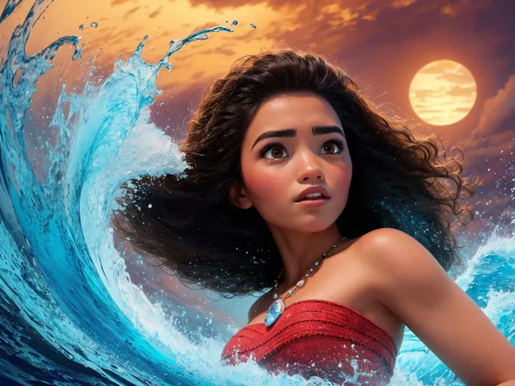 masterpiece, best quality, glamour shot (from below:1.3) of moana in (dynamic pose) surrounded by swirling glowing water at sunrise, small breasts, long hair, brown hair, brown eyes, jewelry, dark skin, water, style-swirlmagic, necklace, dark-skinned female, looking at viewer, photorealistic, face focus, cinematic lighting, dynamic angle, <lora:moana:0.7>