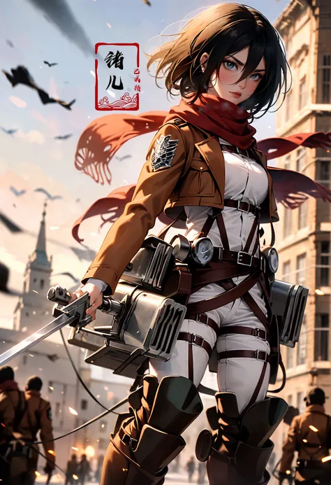 stunning move,thrilling moment, arms crossed, serious, upper body, blurry, blurry_background, blurry_foreground, depth_of_field, motion_blur,
Mikasa1girlparadis military uniformbrown jacket3D Maneuver Gear, blades,
holding weaponthree-dimensional maneuver geartall boots, white shirtpantsbeltred scarfshort hair, black hair, Survey Corps uniform, brown jacket, green regimental belt,
survey corps V(emblem\), training corps V(emblemU),
<lora:~Q?-N	{  Mikasa:0.8>