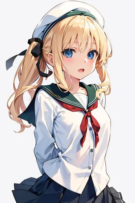 masterpiece,best quality,1girl,(solo:1.3),(simple background:1.3),happy,open mouth,(arms behind back:1.2),(upper body:1.2), <lora:potofu:0.8>,long hair,blonde hair,beret,blue eyes,serafuku,pleated skirt,ponytail,hair ribbon,green,
