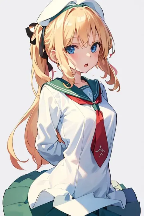 masterpiece,best quality,1girl,(solo:1.3),(simple background:1.3),happy,open mouth,(arms behind back:1.2),(upper body:1.2), <lora:potofu:0.8>,long hair,blonde hair,white beret,blue eyes,serafuku,green pleated skirt,ponytail,hair ribbon,red necktie