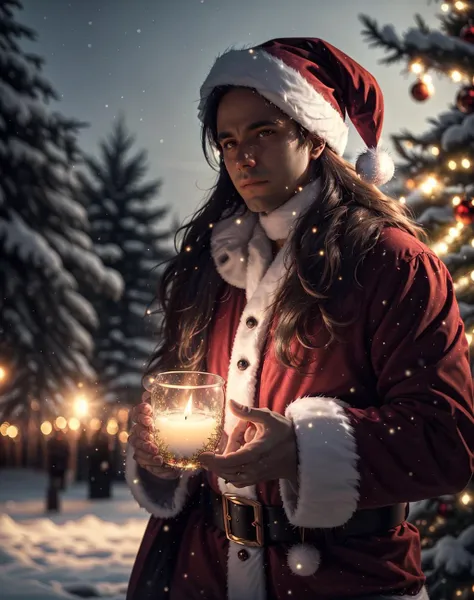 cinematic photo <lora:quiron_Chritsmas_v1_lora:0.57> ChristmasQuiron style, Christmas, Christmas tree, Christmas decorations, Christmas style, Christmas spirit, best quality, ultra detailed, 8k, mysterious, <lora:quiron_AndreMatos_v4_lora:0.87> AndreMatosQuiron person, a man with a long hair wearing christmas costume, . 35mm photograph, film, bokeh, professional, 4k, highly detailed