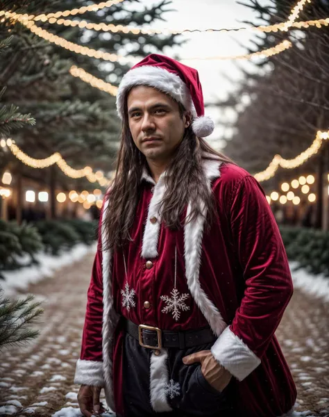 cinematic photo ,realistic <lora:quiron_Chritsmas_v1_lora:0.37> ChristmasQuiron style, Christmas, Christmas tree, Christmas decorations, Christmas style, Christmas spirit, best quality, ultra detailed, 8k, mysterious, <lora:quiron_AndreMatos_v4_lora:0.87> AndreMatosQuiron person, a man with a long hair wearing christmas costume, . 35mm photograph, film, bokeh, professional, 4k, highly detailed