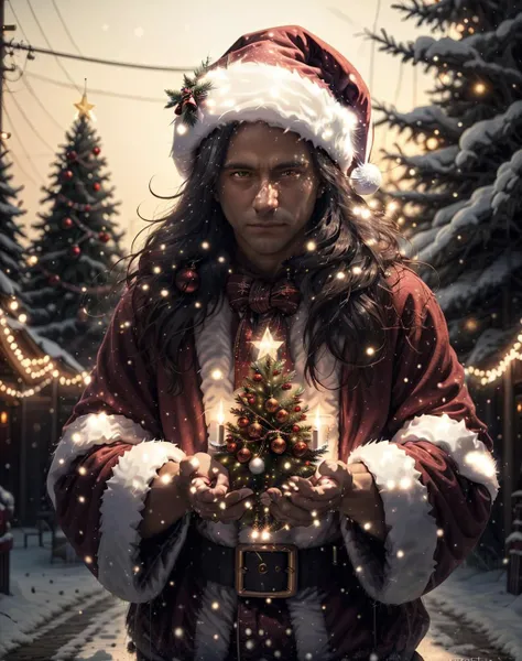 concept art cinematic photo <lora:quiron_Chritsmas_v1_lora:0.77> ChristmasQuiron style, Christmas, Christmas tree, Christmas decorations, Christmas style, Christmas spirit, best quality, ultra detailed, 8k, mysterious, <lora:quiron_AndreMatos_v4_lora:1> AndreMatosQuiron person, a man wearing christmas costume, . 35mm photograph, film, bokeh, professional, 4k, highly detailed . digital artwork, illustrative, painterly, matte painting, highly detailed