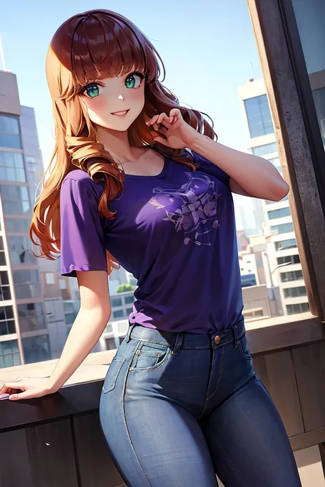 ((masterpiece,best quality)), absurdres,
<lora:Guinevere_ML:0.7>, Guinevere_ML, purple tshirt, denim jeans, 
solo, smiling, looking at viewer, 
modern city, cinematic composition, dynamic pose,