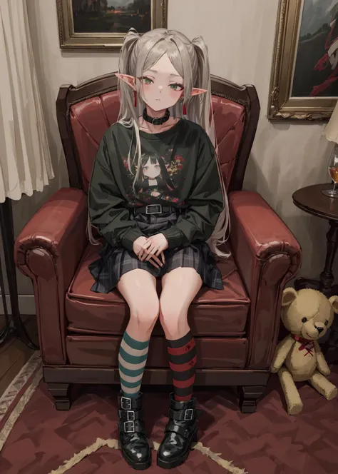 1girl, <lora:frieren-10:0.8> frieren, 1girl, long hair, pointy ears, twintails, elf, green eyes, earrings, parted bangs, belt, sitting, boots, striped, skirt, lamp, carpet, looking at viewer, socks, whiskey, curtains, ankle boots, long sleeves, laptop, indoors, belt collar, black footwear, plaid, asymmetrical legwear, collar, closed mouth, drinking glass, rug, plaid skirt, stuffed toy, cup, shirt, chair, black shirt, fingernails, computer, pleated skirt, jewelry, full body, miniskirt, black sweater, picture frame, mismatched legwear, <lora:GU-000183:0.8>,