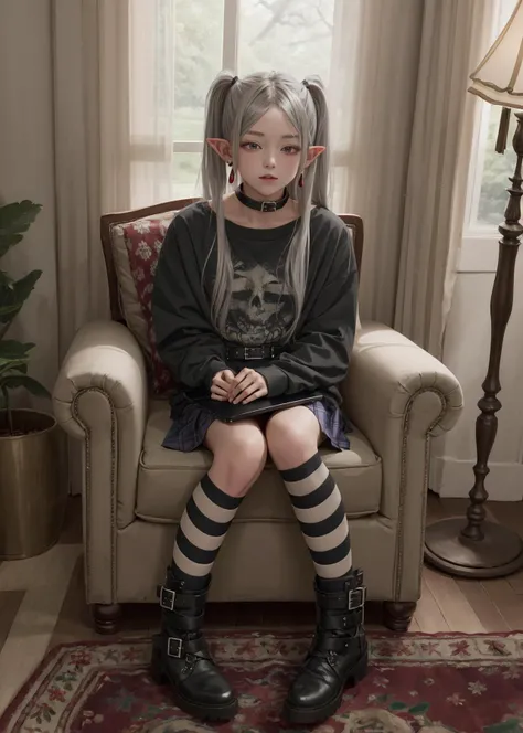 1girl, <lora:frieren-10:0.8> frieren, 1girl, long hair, silver hair, pointy ears, twintails, elf, green eyes, earrings, parted bangs, belt, sitting, boots, striped, skirt, lamp, carpet, looking at viewer, socks, whiskey, curtains, ankle boots, long sleeves, laptop, indoors, belt collar, black footwear, plaid, asymmetrical legwear, collar, closed mouth, drinking glass, rug, plaid skirt, stuffed toy, cup, shirt, chair, black shirt, fingernails, computer, pleated skirt, jewelry, full body, miniskirt, black sweater, picture frame, mismatched legwear, <lora:GU-000183:0.8>,
