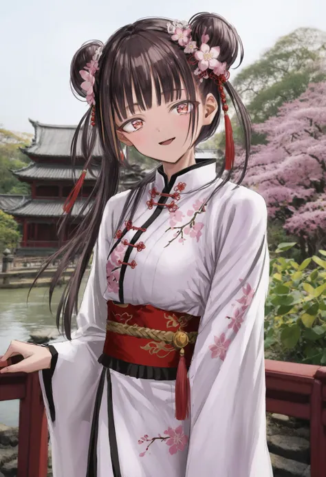 1girl, 
solo, flower, hair ornament, hair flower, double bun, hair bun, brown hair, long hair, smile, looking at viewer, pink flower, chinese clothes, blush, hanfu, closed mouth, bangs, long sleeves, upper body, red eyes, railing, pink eyes, outdoors, sash, sidelocks, robe, open mouth, purple hair, orange eyes, black hair, multicolored hair, blunt bangs, jockcur leaves, headband, parted bangs, plant, smoke, pink hair, white robe, hair over shoulder, 
masterpiece, best quality
 <lora:GUXLlokr8f-000183:0.95>