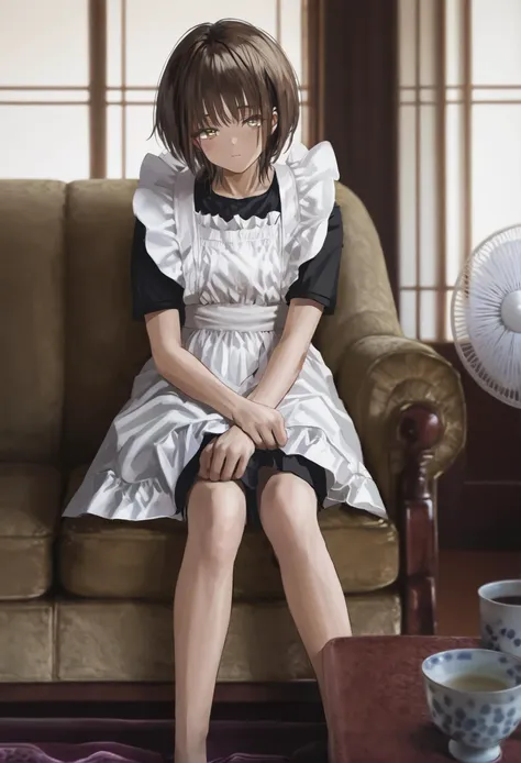 masterpiece, best quality,1girl, solo, apron, brown hair, sitting, electric fan, maid, indoors, short hair, maid apron, brown eyes, short sleeves, bangs, dress, looking at viewer, white apron, closed mouth, chair, black dress, couch, head rest 
 <lora:GUXLlokr8f-000183:0.95>