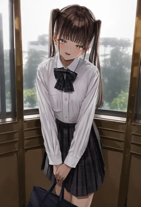 masterpiece, best quality,1girl, solo, skirt, shirt, plaid, twintails, bag, bow, bowtie, long sleeves, bangs, black bowtie, long hair, smile, white shirt, black bow, school uniform, holding, pleated skirt, blush, looking at viewer, plaid skirt, holding bag, black skirt, plaid bow, brown hair, blunt bangs, collared shirt, yellow eyes, open mouth, standing, plaid bowtie, brown eyes, indoors, window, dress shirt, v arms
<lora:GUXLlokr8f-000183:0.95>
