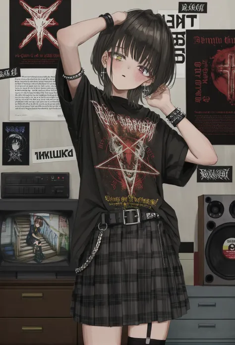 masterpiece, best quality,1girl, solo, skirt, plaid skirt, looking at viewer, medium hair, shirt, cowboy shot, profanity, jewelry, plaid, cross, black shirt, belt, earrings, blush, yellow eyes, black skirt, spiked armlet, head tilt, thighhighs, black hair, television, standing, heterochromia, parted lips, red eyes, indoors, english text, bangs, hand up, short sleeves, latin cross, black thighhighs, cross earrings, speaker, poster \(object\), arm up, pleated skirt, pentagram, black belt, single thighhigh
<lora:GUXLlokr8f-000183:0.95>